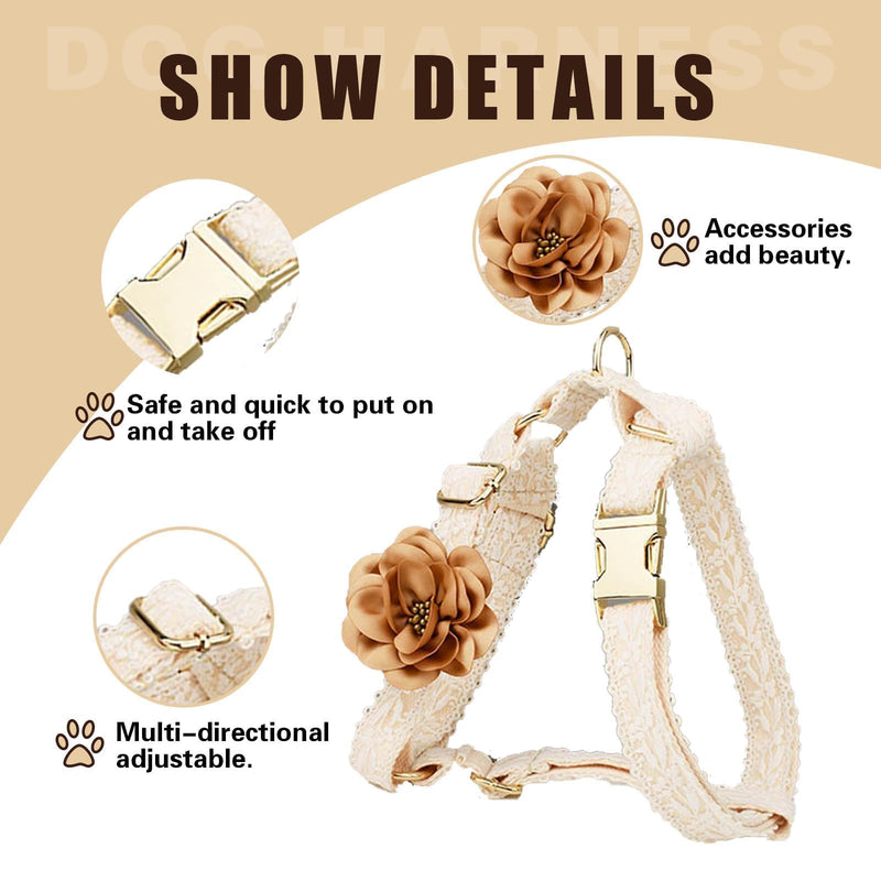 Dog Harness and Leash Set Metal Clasp Adjustable Cotton Embroidered No Pull for Dog Wedding Birthday Outfit,M Beige Harness Set Medium - PawsPlanet Australia