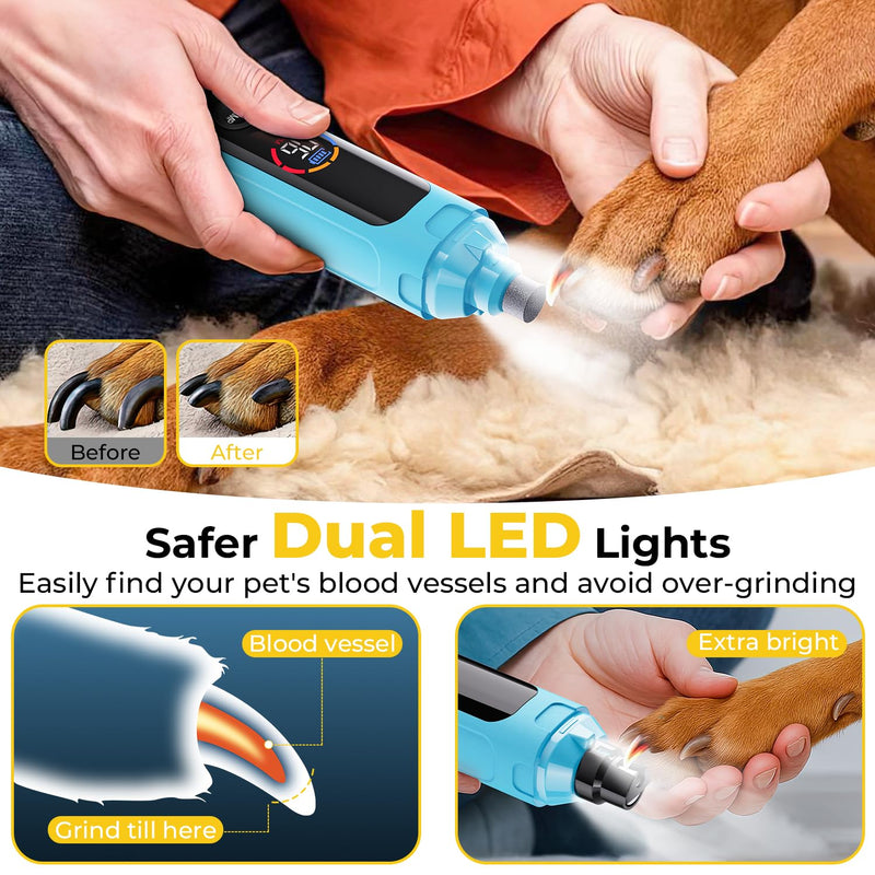 Dog Nail Grinder 6-Speed with LED Display, Dog & Cat Nail Clippers and Trimmers, Pet Nail Grinder with 2 LED Lights - Super Quiet Rechargeable Claw Trimmer for Large Medium Small Dogs/Cats (Blue) Blue - PawsPlanet Australia
