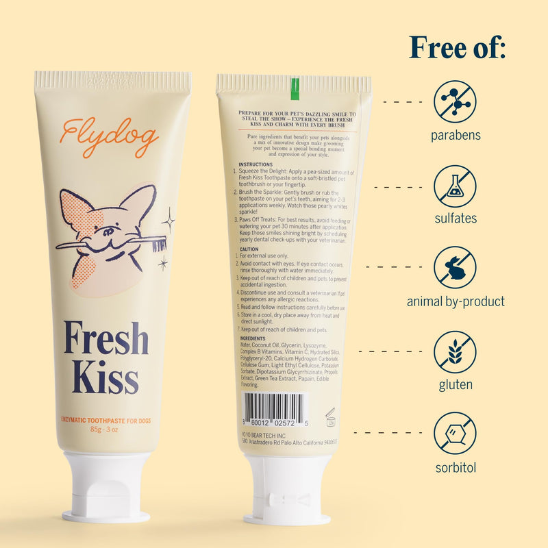 FlyDog Fresh Kiss Dog Tooth Brushing Kit - Vet Approved Formula, Enzymatic Dog Toothpaste and Brush - Breath Freshener & Tartar Remover, 360° Toothbrush & Finger Brush, Dental Guide, Peanut Butter
