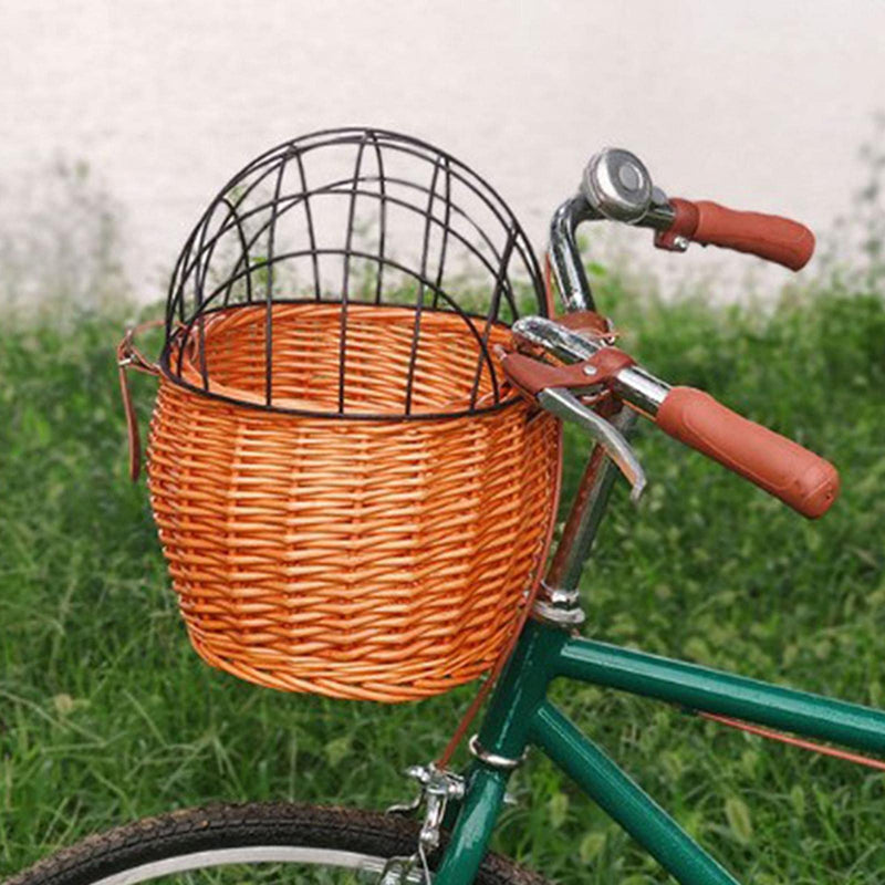 Wicker Bike Basket for Small Dogs Cats Pet Carrier Front Basket with Wire Mesh Cover (Honey Color) Honey color - PawsPlanet Australia