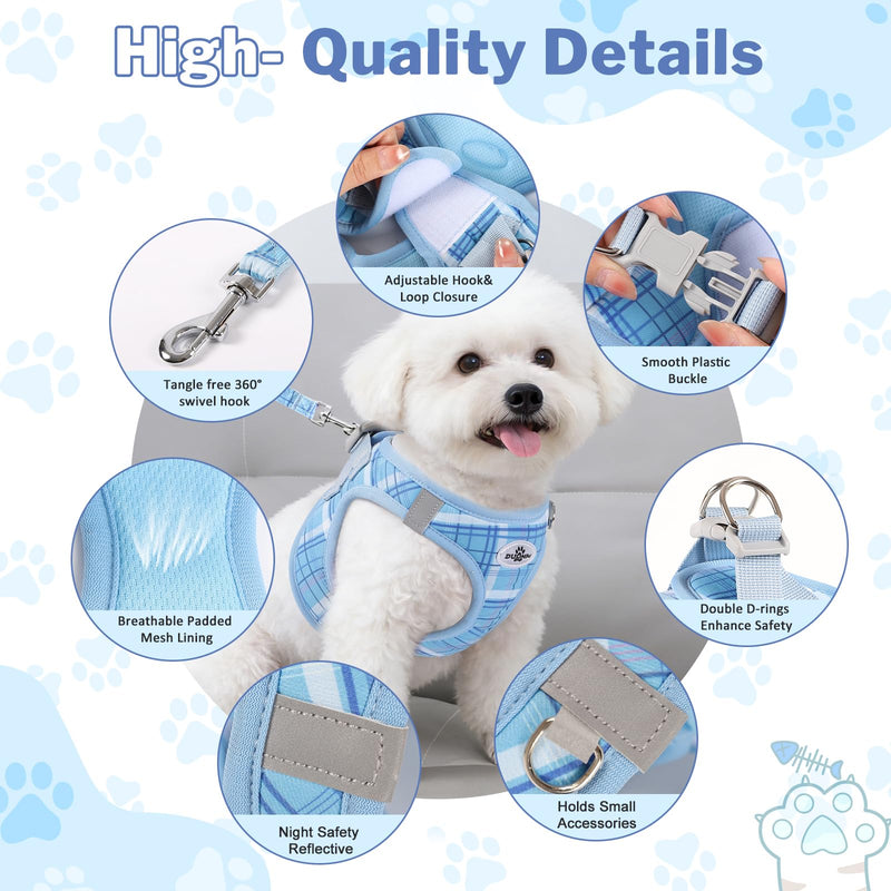 Gyuzh No Pull Dog Harness - 3-in-1 Step in Harness Collar Leash Set for Small Dog Walking & Training, Easy Walk Style, Lightweight Plaid Vest (Blue, M) Blue - PawsPlanet Australia