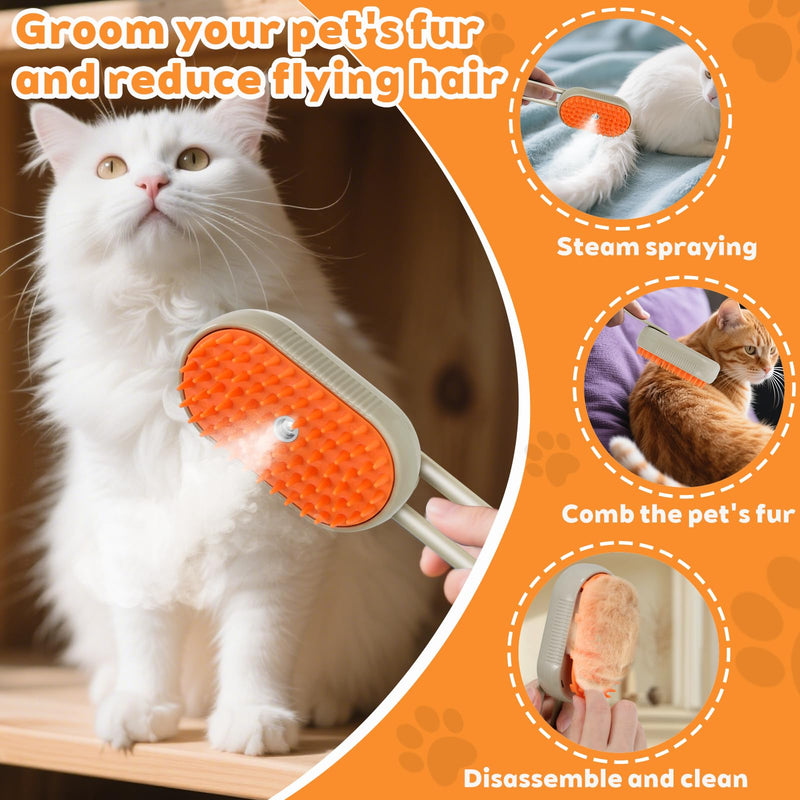 2025- New cat steam brush, 4-in-1 cat steam brush, for massaging and cleaning fallen pet hair, suitable for cats, dogs, rabbits and other pets (khaki + white) -2 pieces (Khaki color) Khaki color