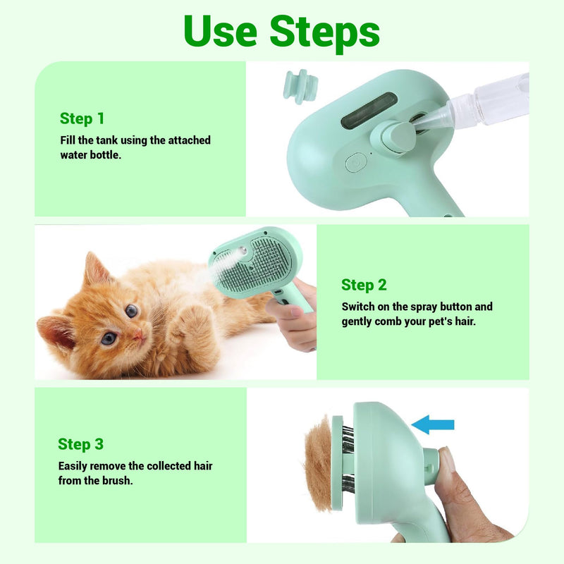 Cat Steam Brush 3 in 1 Steamy Pet Hair Removal Comb Brush Self Cleaning Anti Static Effective Hair Removal Cat Grooming (Green) Green - PawsPlanet Australia