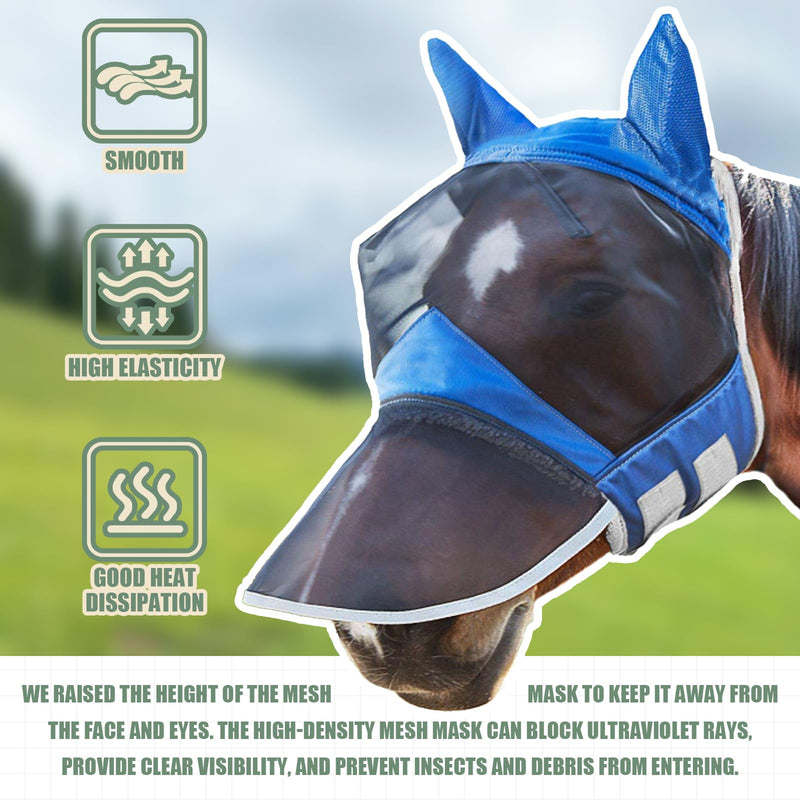 Horse Fly Mask,Horse Fly Mask with Nose,Masks for Horses with Ears,Ear Bonnet for Horses,Donkey Mask Fabric with Purple Line Protection Soft Mesh for Horse Summer (Blue, L) Blue - PawsPlanet Australia