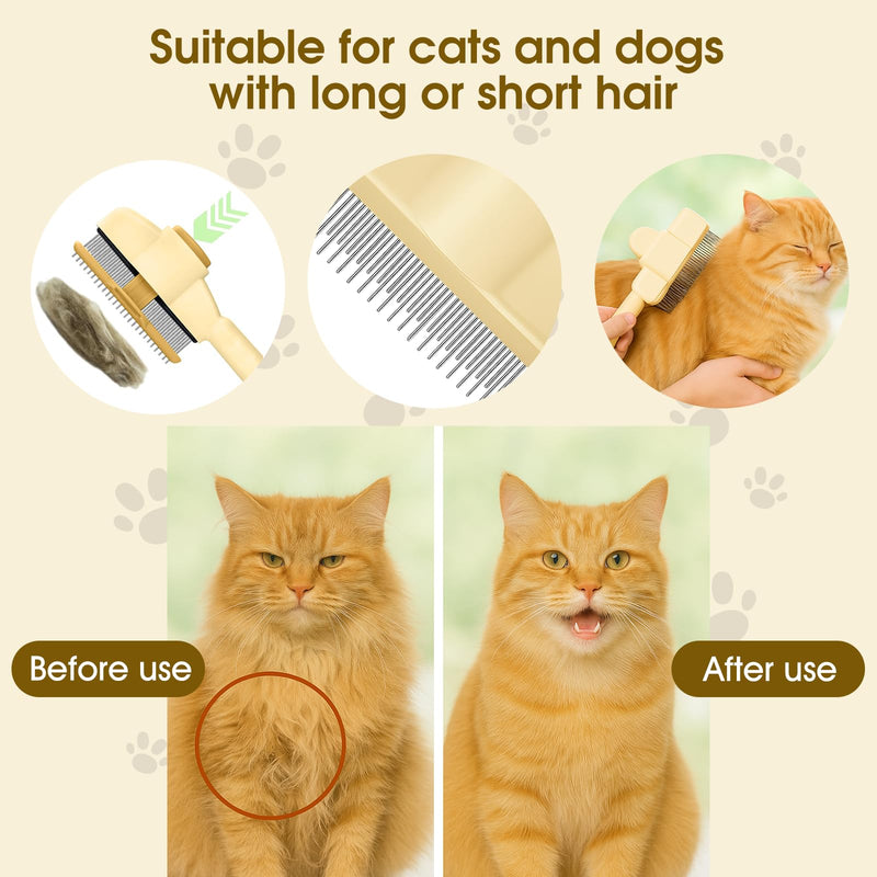 Self-Cleaning Cat and Dog Comb – 2-in-1 Pet Hair Removal and Flea Comb with Stainless Steel Teeth and One-touch Release Button, Suitable for Hair Removal, Detangling, and Grooming Yellow