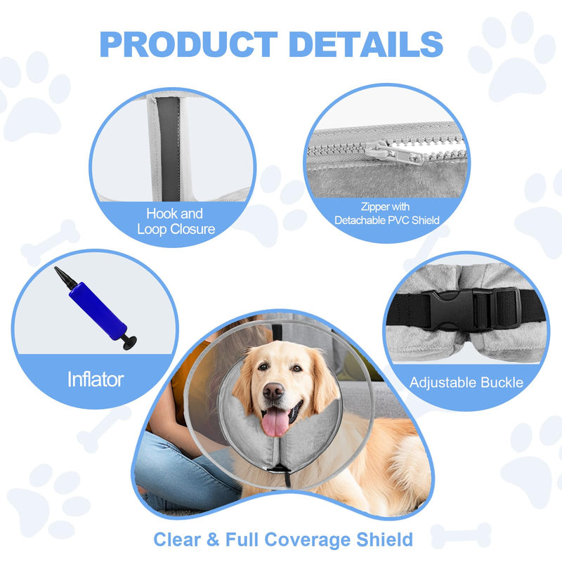 Inflatable Dog Cone Collar, Soft Dog Cone After Surgery, for M M+ L XL Dogs, with Detachable Anti Licking Shield and Inflator, 2 in 1 Adjustable Alternative, Does Not Block Vision, Grey (M+) M+ (12.2”-14.6“) - PawsPlanet Australia