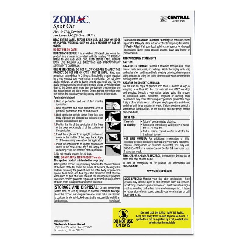 Zodiac Spot On Flea & Tick Control Large Dogs Over 60 Pounds 4 Pack Large Dogs Over 60 Pounds, 4 Pack