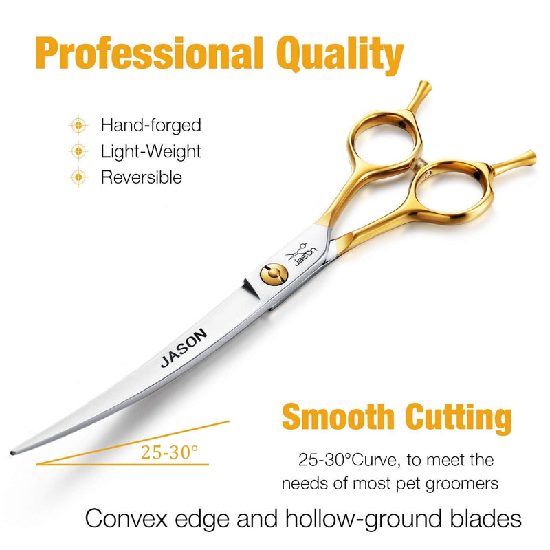 JASON 7" 50 Teeth Thinning Dog Grooming Scissor, 7.5" Curved Dog Grooming Scissors, Cats Grooming Shears Pets Trimming Kit for Right Handed Groomers, Sharp, Comfortable, Light-Weight Shear - PawsPlanet Australia