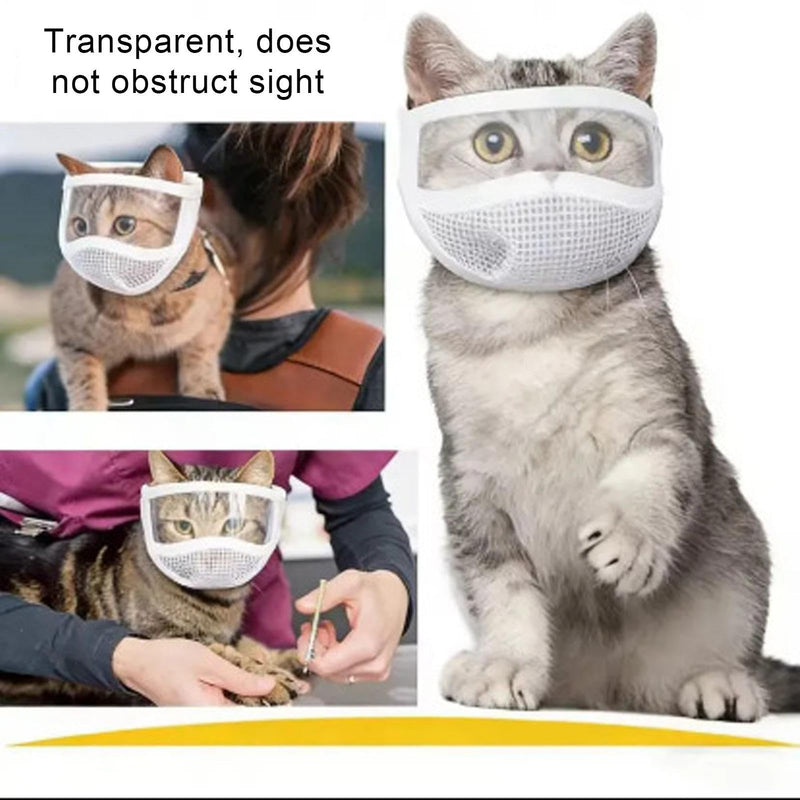 Cat Head Cover for Grooming | Adjustable Mesh Head Cover for Pets | Breathable and Transparent Cat Face Mask - Bite Prevention, Nail Cutting, Trimming, Bathing and Adjustable Mask, Transparent White [recommended by