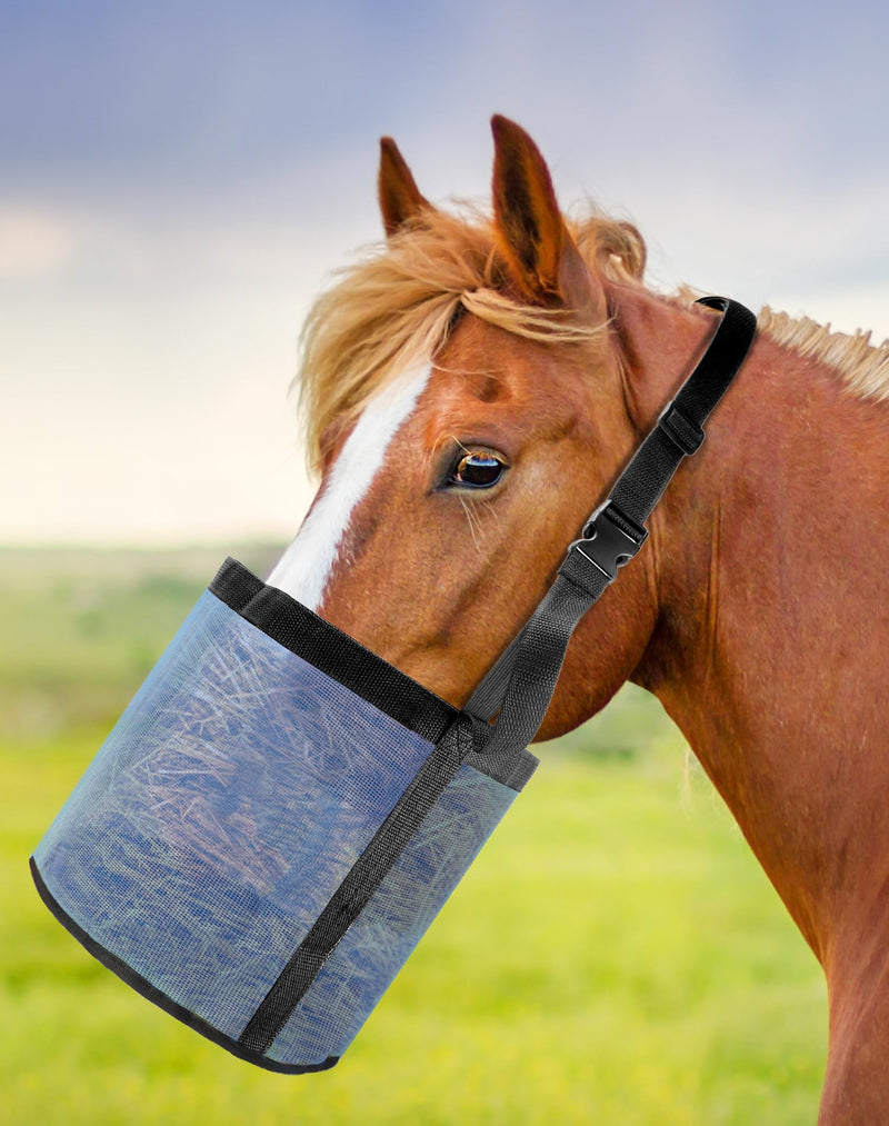 QWORK 2 Pack Horse Feed Bag for Grain - Durable Mesh Grain Feeder with Adjustable Strap, Comfortable Neck and Nose Pad Horse Muzzle Feed Bag, for Feeding Grain, Powder, Supplements, Blue 2 Pcs - PawsPlanet Australia