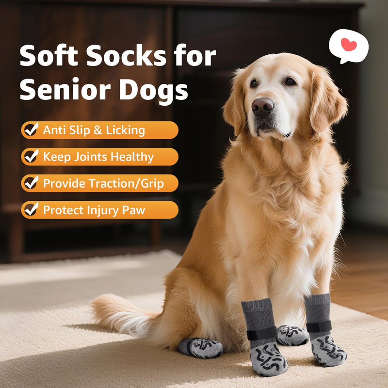 Double Sides Non-Slip Dog Socks to Prevent Licking Paws - Strong Traction for Hardwood Floors, Senior Dogs, Paw Protector, Dog Socks with Grippers - Size Large Grey Large(Pack of 4)