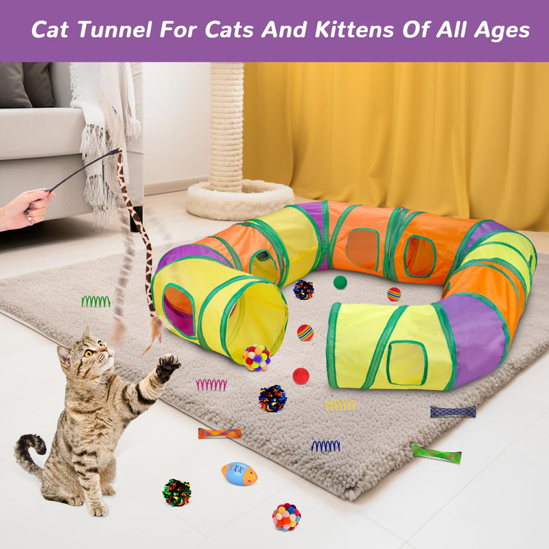 25 Pcs Cat Toys Set,Kitten Toys for Indoor Cats,Collapsible Cat Tunnel Tubes Interactive Feather Teaser Wand Toy for Kitten Cats Springs Mouse Crinkle Toys Rainbow Football Cat Ball with Bell Toy 4PCS L Shape Cat Tunnels - PawsPlanet Australia