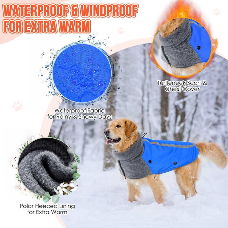 SlowTon Winter Dog Coat, Warm Polar Fleece Lining Doggie Outdoor Jacket with Turtleneck Scarf Reflective Stripe Adjustable Waterproof Windproof Puppy Vest Soft Pet Outfits (M+,Blue) E.Blue Medium + (Chest 24.5"-28.0") - PawsPlanet Australia