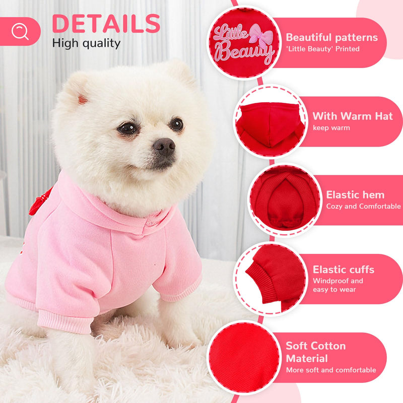 BAEJMJK 2 Pack Dog Hoodie with Hat Bowtie Girl Dog Sweatshirt with Leash Hole Soft Warm Pet Clothes Sweaters Dog Jacket Puppy Coat Doggie Apparel for Fall Winter Small Dogs Cats(Pink+Red,Medium) Medium Pink+Red - PawsPlanet Australia