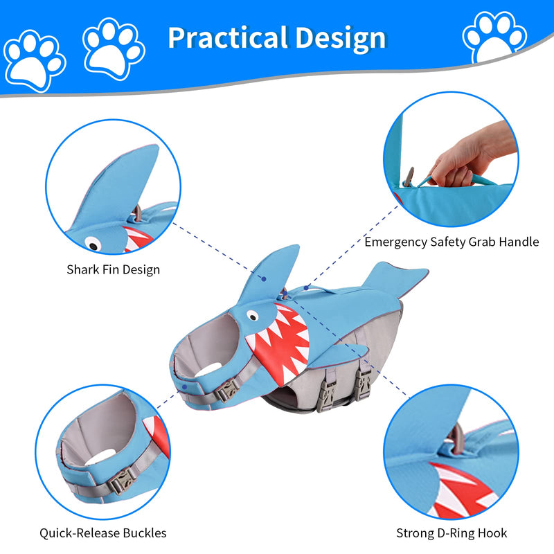 Dog Life Jacket Swimming Vest: Shark Dog Life Vest for Large Dogs, Adjustable Ripstop Pet Life Preserver for Swimming Boating - with Reflective Stripes & Rescue Handle (Blue) L Blue