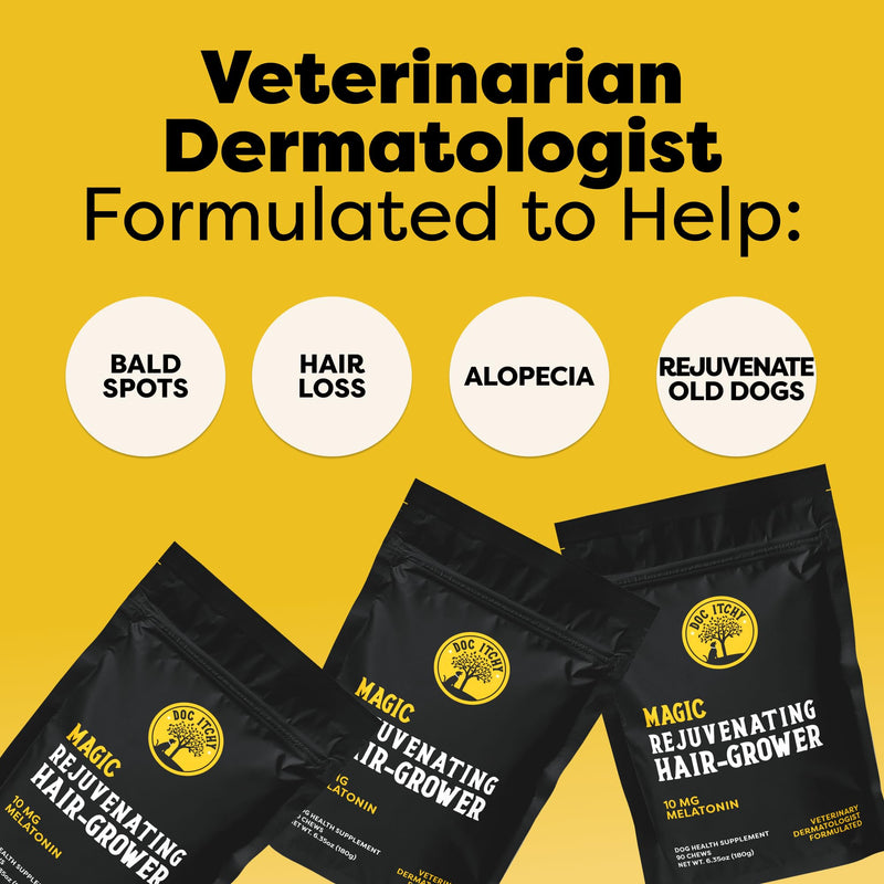 Doc Itchy Rejuvenating Hair-Grower Dog Pet Chews | 10mg Melatonin for Dogs | Hair Growth Booster | Senior Dog Energizer | Calming | Medical-Strength | Food Allergy Safe | Made in USA | 90 Count