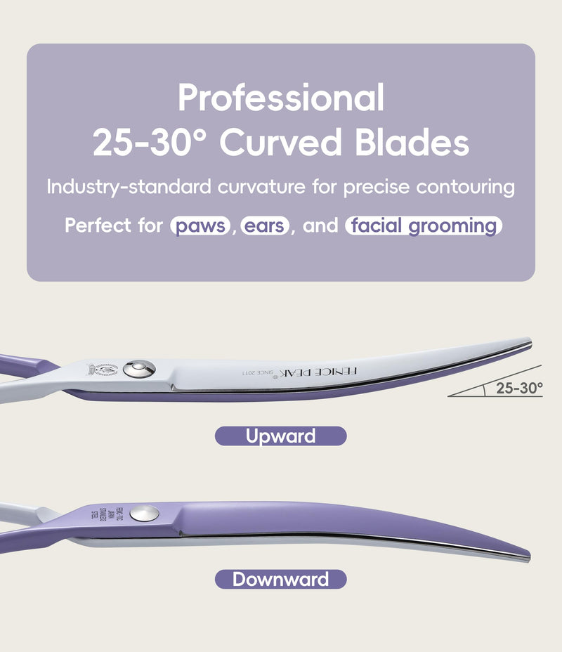 Fenice Peak 7" Curved Dog Grooming Scissors, Japanese 440C Stainless Steel, Professional Handcrafted Precision Cat Trimming Shears for Face, Body, Paws, Violet-White 7"Curved - PawsPlanet Australia