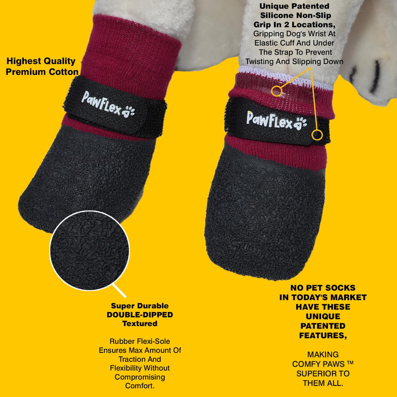 Double Dipped Thick Textured Waterproof Cotton Dog Socks | PawFlex Comfy Pawz Soft Indoor/Outdoor Pet Booties | Non-Slip Silicone Grip at Inner Wrist for No Twisting or Sliding Off| Adjustable Strap Fuchsia Small - PawsPlanet Australia