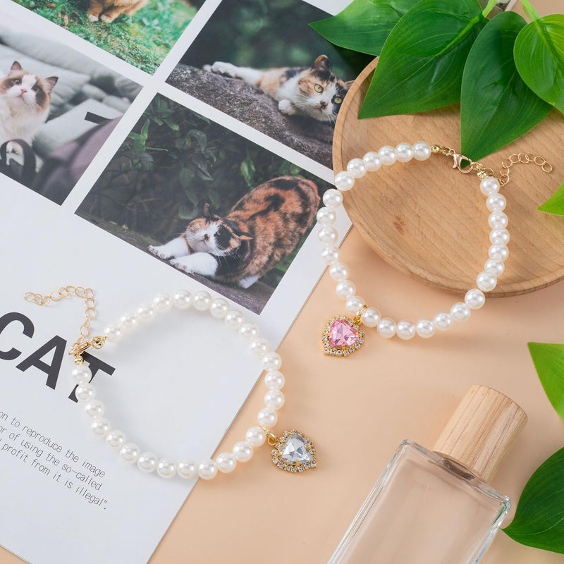 Cat Dog Pearl Necklace Collar 2pcs, Small Cat Collar Pear Dog Necklaces Cute Fancy Jewelry Accessories with Heart Shape Rhinestone White Pink Wedding Birthday Party for Puppy Pets Small Dogs - PawsPlanet Australia