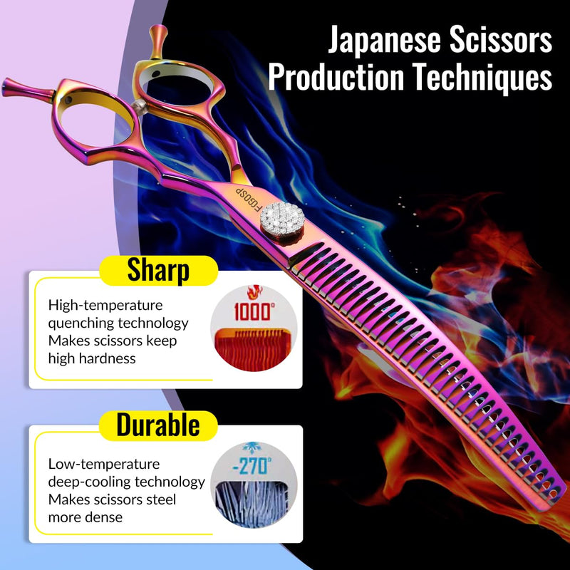 Professional Curved Chunkers Shears Dog Grooming 7.5'' Rainbow Curved Thinning Scissors for Large Dogs, 35 Teeth, Japan 440C Stainless Steel, Purple 7.5 in Curved Chunkers Rose Red - PawsPlanet Australia
