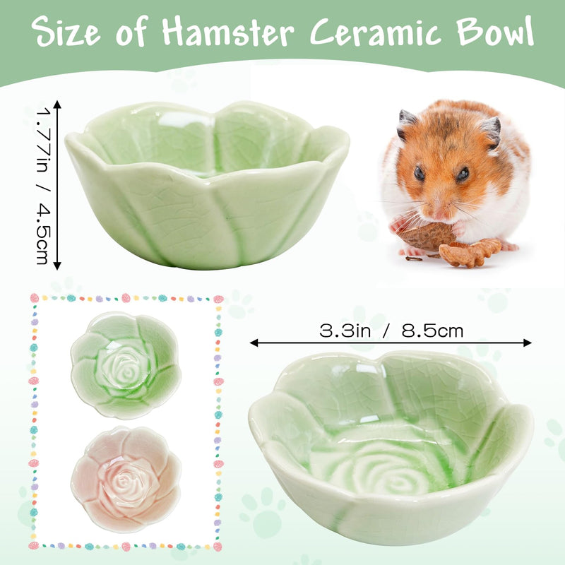 BNOSDM 2 Pcs Hamster Ceramic Food Bowl Flower Series Gerbil Drinking Bowls Anti-Turning Food & Water Dish for Dwarf Syrian Hamsters Gerbil Chinchilla（Green, Rose Pattern） 2.Green - PawsPlanet Australia