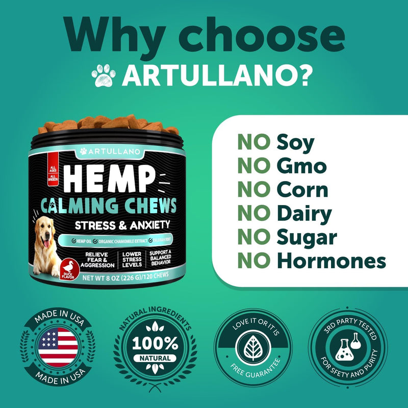 Hemp Calming Chews for Dogs - Advanced Dog Calming Chews - Anxiety Relief Treats - Dog Anxiety Relief - Health and Wellness Supplements for Dogs - Hip and Joint Support - 120 Chews Calming Hemp Chews Hemp Calming Chews