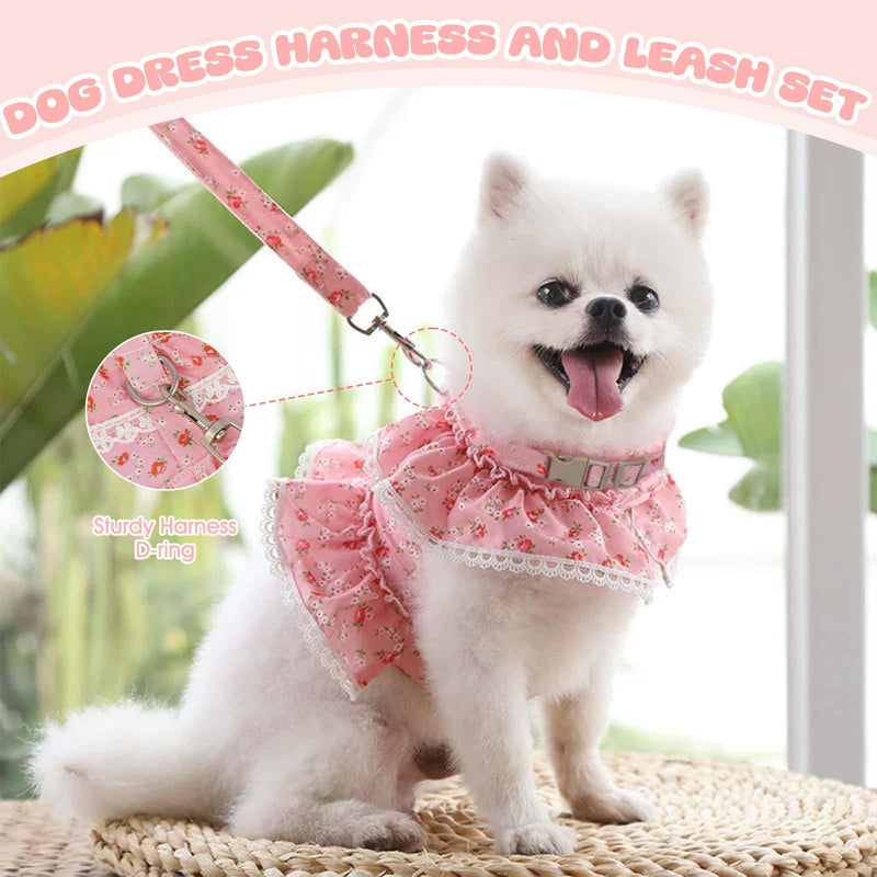 Dog Dress for Small Dogs,Cute Floral Girl Female Dog Dress Harness, Easy Walk Dogs Harness and Leash Set, Spring Summer Cat Puppy Outfit Clothes for Chihuahua Yorkshire, Pink L Large Rose Red - PawsPlanet Australia
