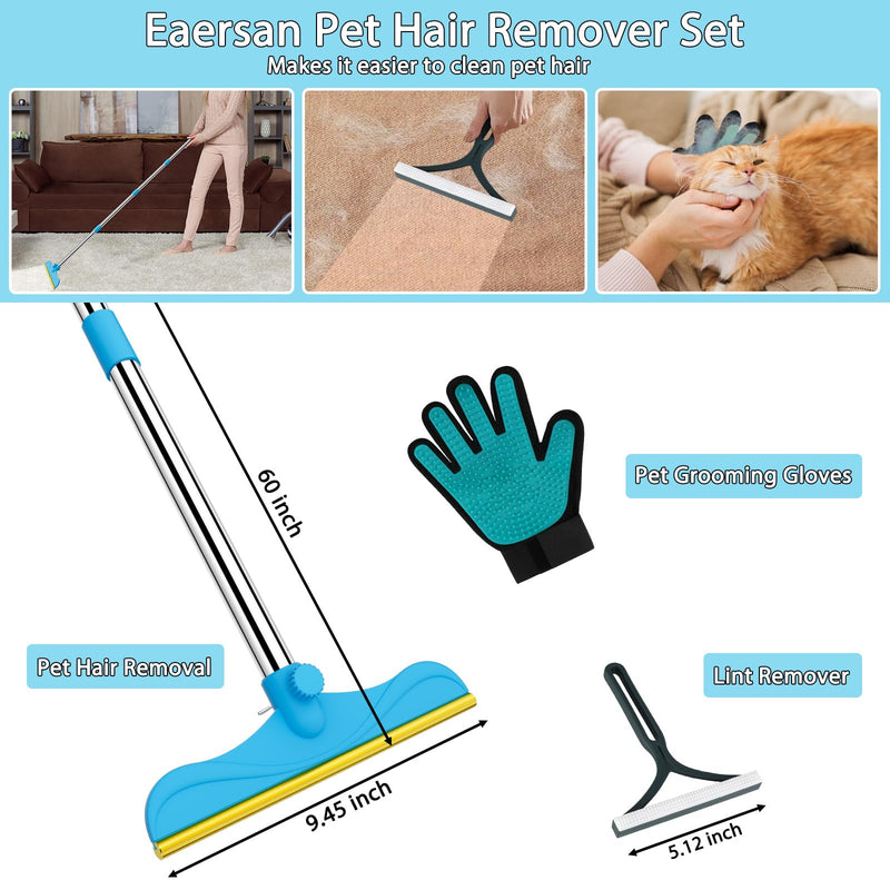 3 in 1 Carpet Rake for Pet Hair Removal, 60” Adjustable Long Handle Pet Hair Remover, Tool Set of 3, Reusable Carpet Scraper Dog Cat Pet Hair Removal Broom for Carpets, Car Mat, Pet Bed, Rugs 60inch Deepblue - PawsPlanet Australia