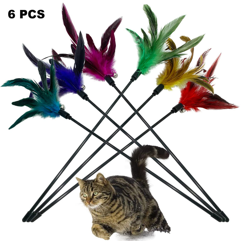 Cat Wand Toy Feather Stick Cat Toys, 6 PCS Cat Feathers Wand Toy, Interactive Cat Toy Feather Wand for Indoor Cats A-6 Pack Cat Wand Toys - PawsPlanet Australia