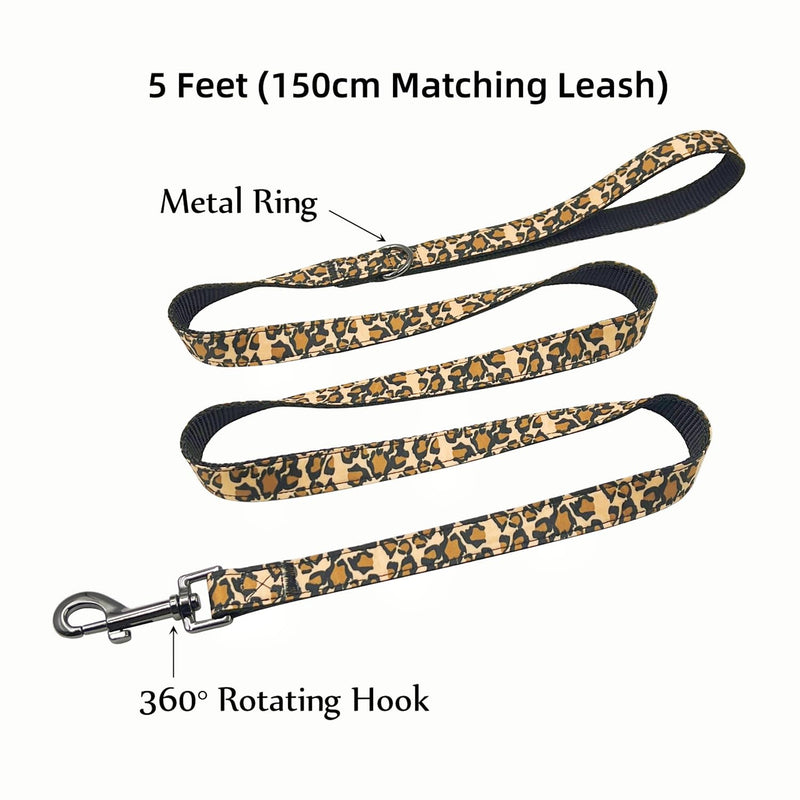 Bowtie Dog Collar and Leash Set, Nylon Webbing with Leopard Ribbon, 5ft Matching Leash, for Small Dogs.(S, Leopard) - PawsPlanet Australia