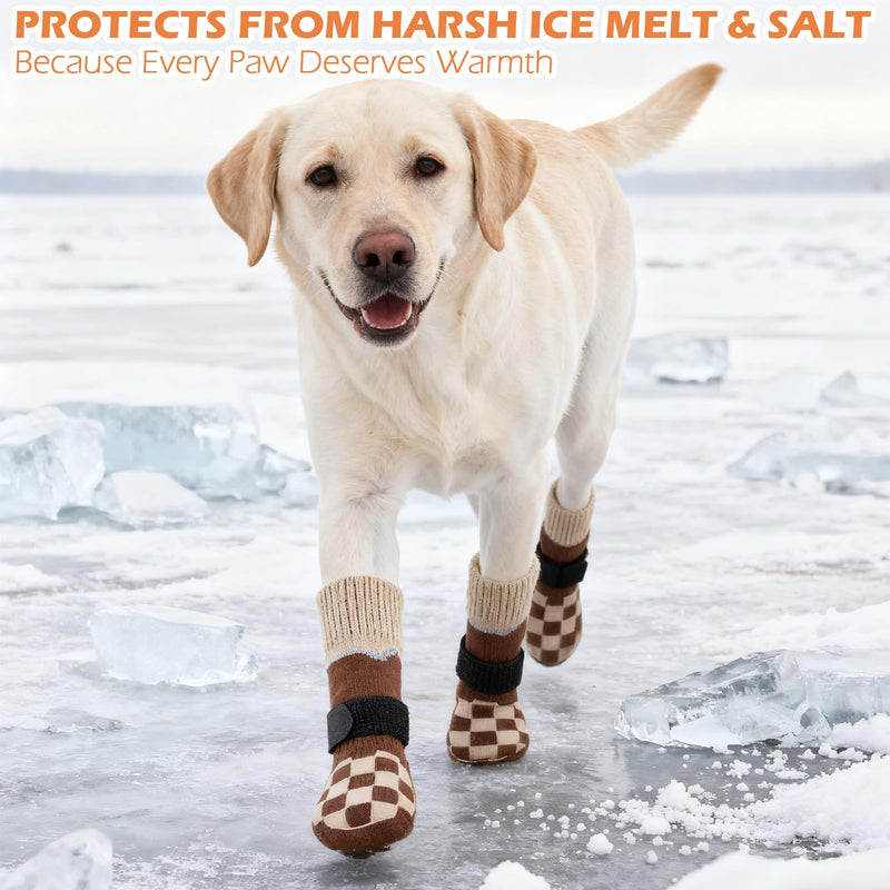 EXPAWLORER Dog Socks to Prevent Licking Paws with Grippers for Hardwood Floors Anti Slip, Reflective Dog Cold Winter Shoes Booties Boots & Paw Protectors with for Small Medium Large Senior Dogs L Brown