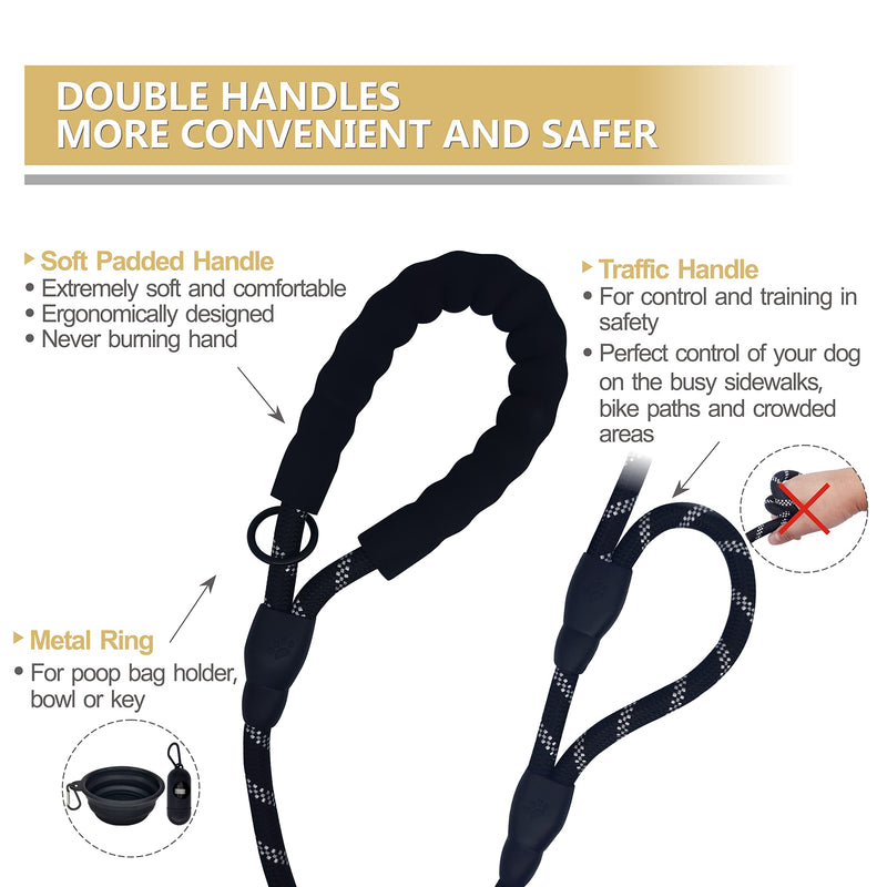 Dog Leash Heavy Duty 6ft, Double Handle Dog Leash with Padded Handle for Traffic Control, Reflective Rope Leashes for Large and Medium Dogs Control Safety Training at Night (Black) Black (25 to 120 lbs) - PawsPlanet Australia