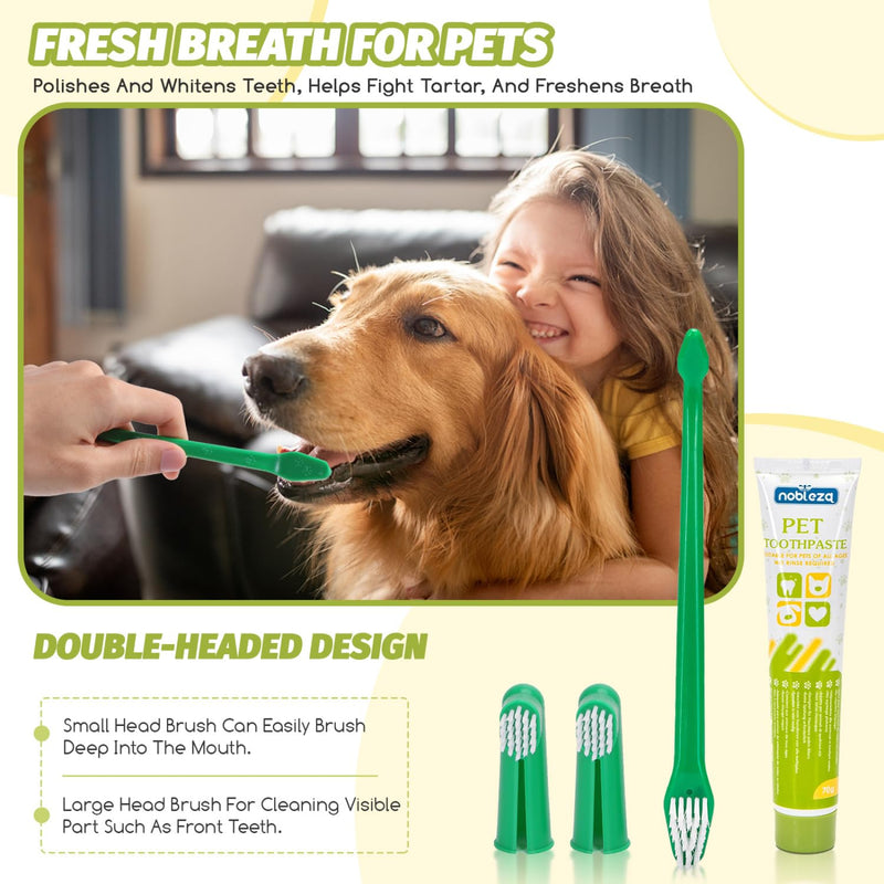Nobleza 2 Pack Dog Toothbrush and Enzymatic Toothpaste Kit with 2 x Finger Toothbrush for Clean Pet Teeth, Eliminate Bad Breath, Remove Plaque and Tartar, Improve Gums Health and Pet Oral Hygiene Care Green 1 count (Pack of 2)