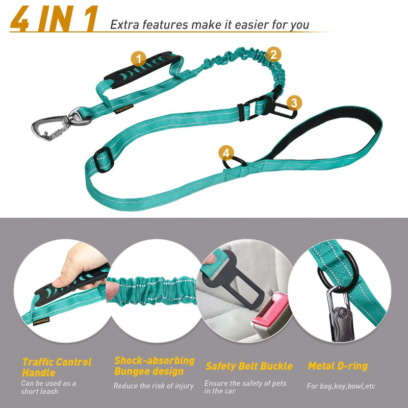 AUBELL Tactical Dog Leash Heavy Duty,4-6ft Reflective Strong No Pull Bungee Leash for Medium Large Dogs with Comfortable Padded Double Handle,Car Seat Belt,360 Degree Rotating Carabiner,Teal M-L Teal - PawsPlanet Australia