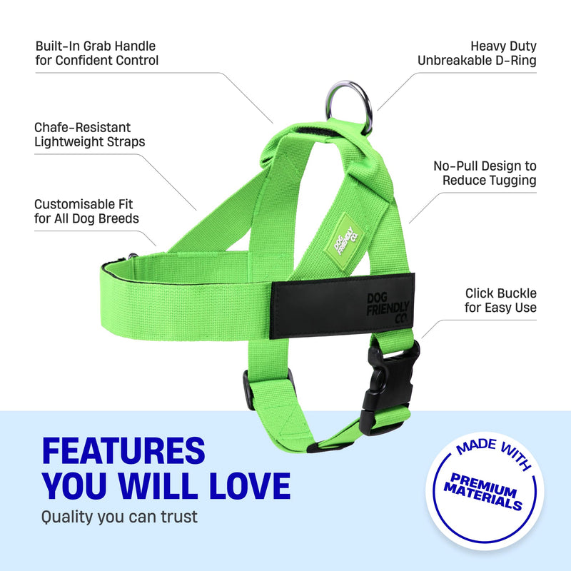 DF Co. Dog Harness | Chafe Resistant Webbing, Adjustable Neck & Chest, and Heavy Duty D-Ring | Sturdy, Comfortable, Easy to Use | Neon Green, Size XXS XX-Small - PawsPlanet Australia
