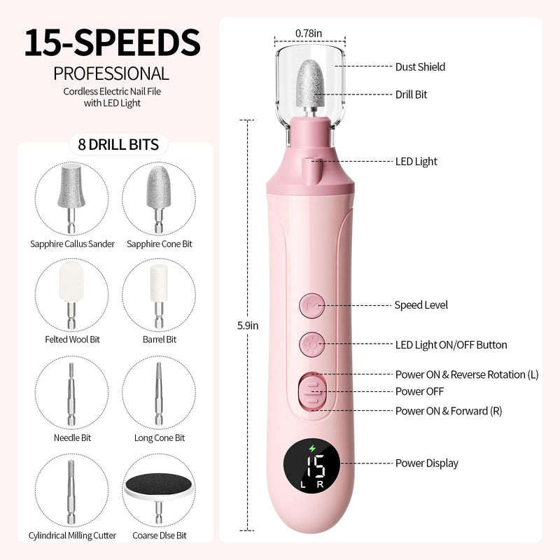 Electric Nail Drill Kit, Nail Filer Electric with LCD & Lamp, Rechargeable Pedicure Tools for Feet, Toenail Grinder for Thick Toenails, Cordless Nail Dremel Tools for Women & Men Pink - PawsPlanet Australia