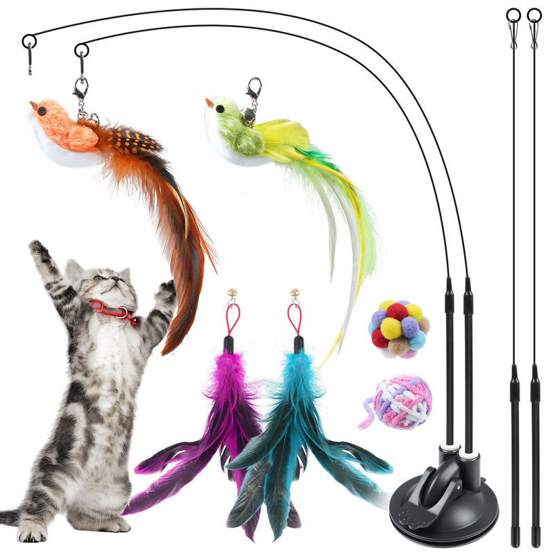 ROSAUI Cat Feather Toys with 1 Suction Cup and 4 Wands, 3 in 1 Cat Toys for Bored Cats, Interactive Cat Toy for Indoor Cats, Kitten Toy with Balls and Bird Simulation wand toys