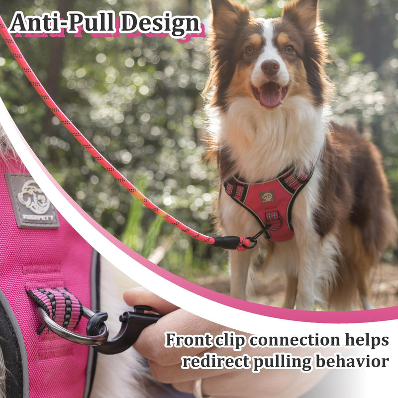 Dog Harness No Pull, 2 Leash Clips, Reflective Mesh Vest with Padded Chest, Adjustable Breathable Pet Harness for Medium Large Dogs (L, Hot Pink) L - PawsPlanet Australia