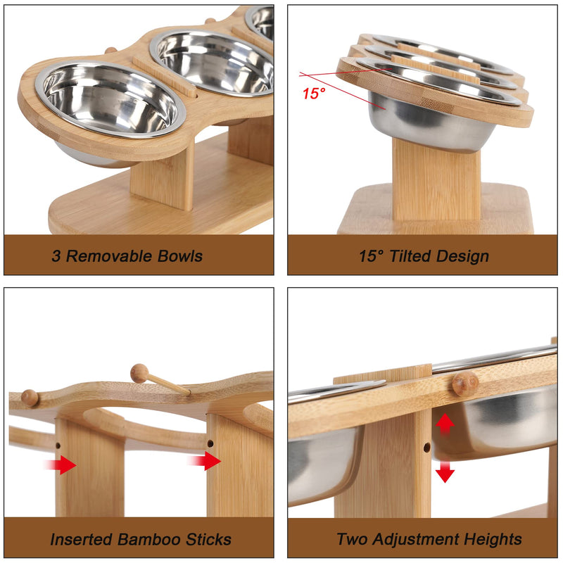 Elevated Cat Bowls Raised Cat Food Bowls, 15° Tilted Pet Bowls for Cats Puppy Small Dogs, Raised Dog Bowl Stand Feeder Adjustable Dog Cat Food Water Bowls Stand with 3 Stainless Steel Bowls - PawsPlanet Australia