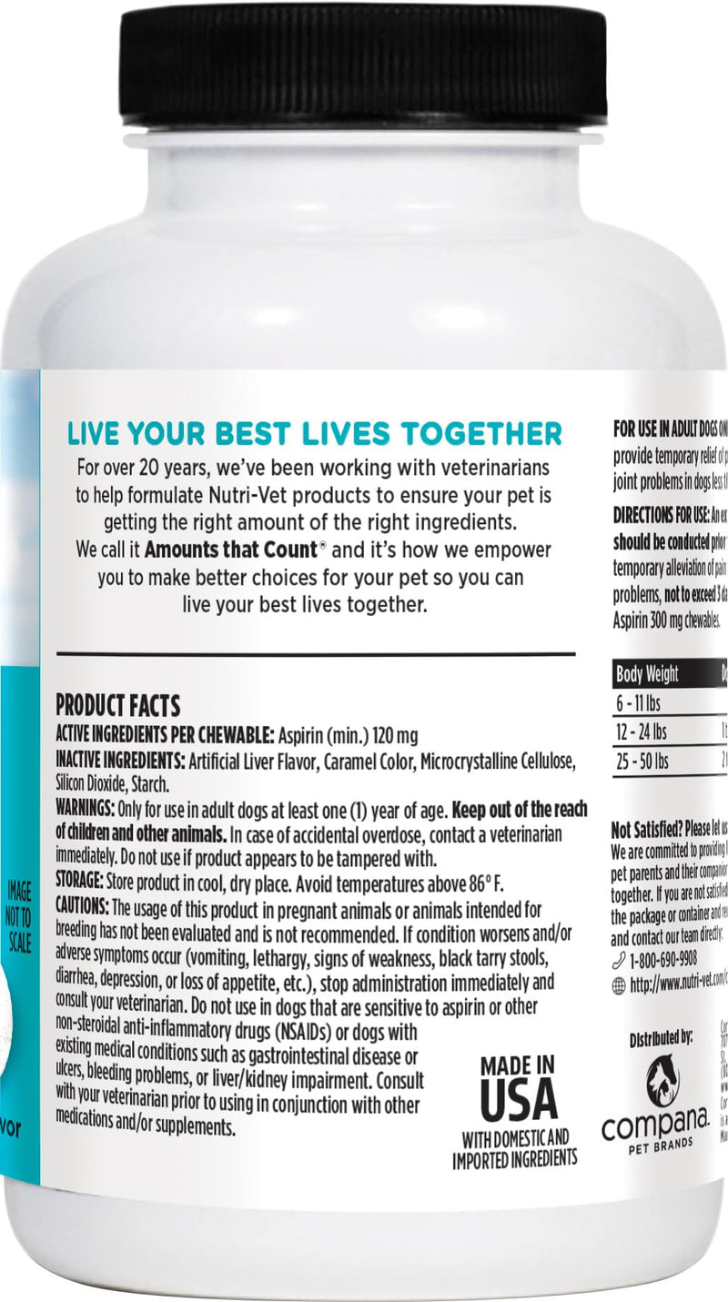 Nutri-Vet Aspirin for Dogs, Arthritis Pain Relief, Small Dog Aspirin, Inflammation Relief, Joint Support for Seniors, 120mg per Tablet, Under 50 lbs, 100 Count