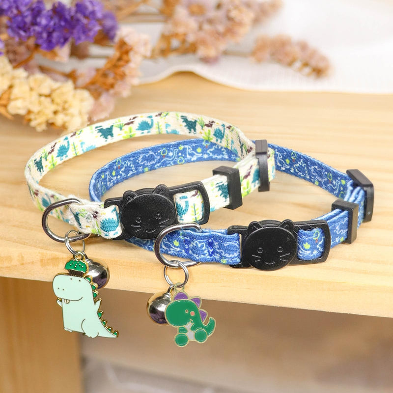 Cat Collar Breakaway, 2 Pack Cotton Cats Collars with Bells, Cute Dinosaurs Shaped for Girl Boy Kittens 7-11'' Dinosaur - PawsPlanet Australia