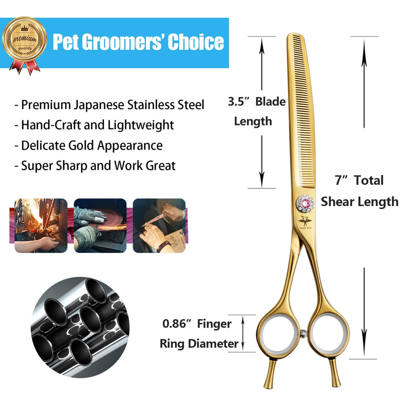 PURPLEBIRD 7 Inch Downward Curved Dog Grooming Scissors Thinning Texturizing Shears Professional Safety Blunt Tip Trimming Shearing for Dogs Cats Face Paws Limbs Japanese Stainless Steel Yellow Yellow Thinning - PawsPlanet Australia