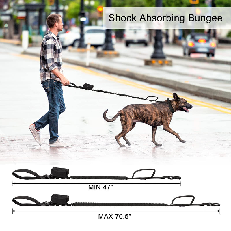 Tactical Dog Collar and Leash Set: Adjustable Nylon Collar with Handle, Shock Absorbing Retractable Leash for Medium Large Dogs, Airtag Holder, Patches L Black-SET - PawsPlanet Australia