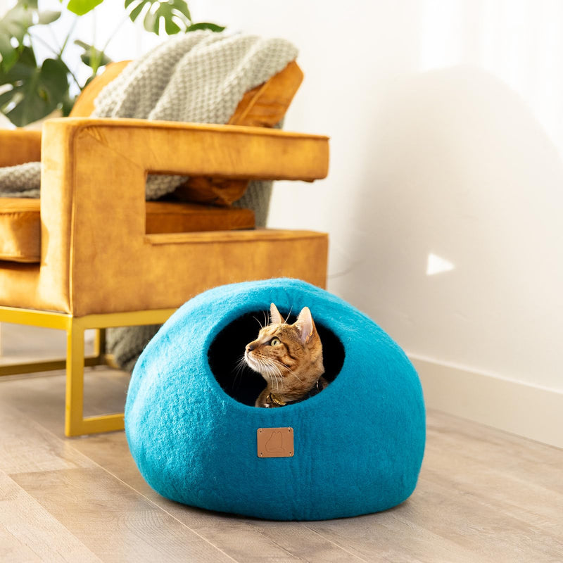 Best Aesthetic Cat Bed - Premium Felted Wool Cat Cave Bed - Cozy Peekaboo Round Cave for Large or Small Cats (Large, Ocean Blue) - PawsPlanet Australia
