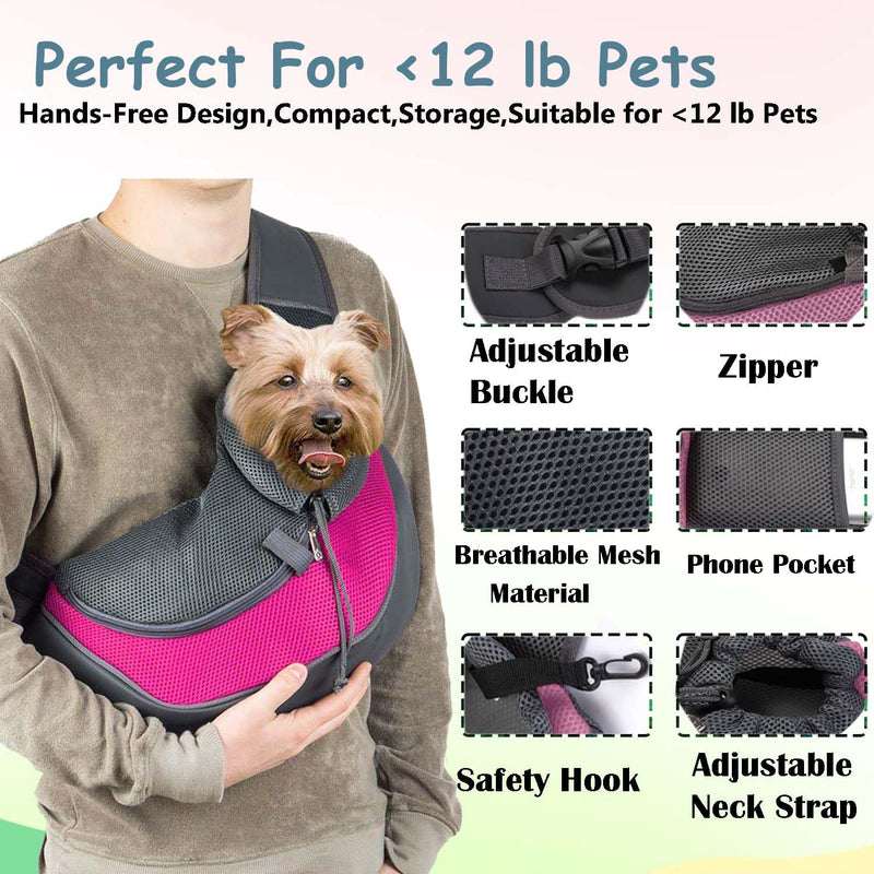 Pet Dog Sling Carrier Puppy Pet Slings Bag for Small Dogs Cats Satchel Carriers Breathable Mesh Hand Free with Adjustable Strap Doggie Crossbody for Outdoor Travel (Pink, Large 5-12 lbs) Pink