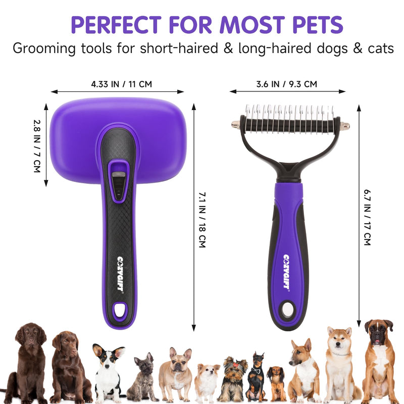 Dog Brush Kit – 3 PCS Grooming Set with Self-Cleaning Brush, Undercoat Rake & Pet Bath Brush. Great for Shedding, Tangles & Dirt Removal – Ideal for Long & Short Haired Dogs & Cats, Purple - PawsPlanet Australia