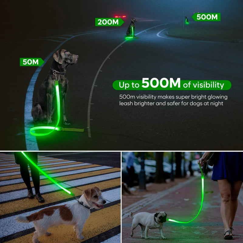 ChalkLit Led Light Up Dog Lead, 4 Ft Soft Rechargeable Waterproof Reflective Flashing Dog Leash with Padded Handle for Night Walking, Safety Glow in The Dark Dog Lead for Large Medium Pets(Green) Green