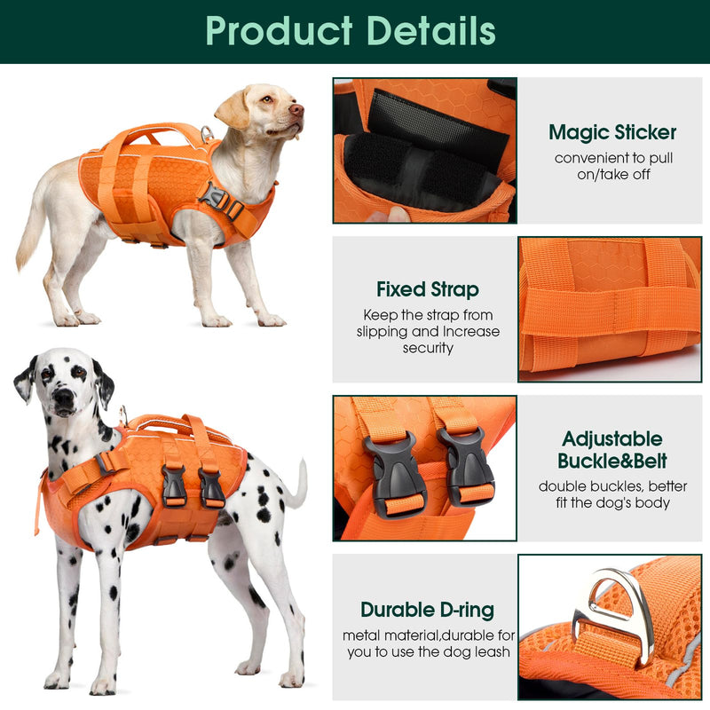 Kuoser Dog Life Jacket High Flotation, Reflective Dogs Life Vest for Swimming Boating, Adjustable Small Medium Large Dog lifejacket, Lightweight Dogs Life Preserver Rescue Handle Spring Summer Pool S (Chest Girth:16.9-21.3'') Bright Orange - PawsPlanet Australia