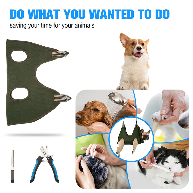 10 in 1 Dog Grooming Hammock Harness with Nail Clippers/Trimmer, Nail Hammock for Trimming, Grooming Sling Hange Holder for Extra Large Dogs (XXL/Under 120lb, Khaki Green) XXL/under 80lb