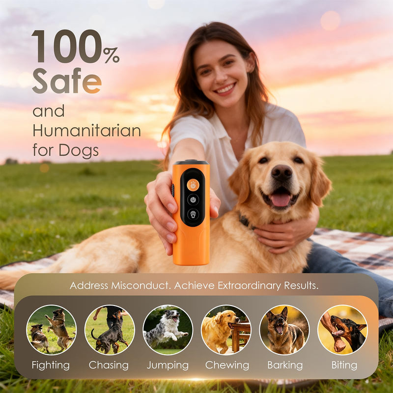 Dog Bark Deterrent Device & Anti Barking Device for Dogs, 50FT Ultrasonic Dog Trainer - Silent to Humans, Safe, Humane, Long-Lasting Rechargeable Orange Handheld with LED, Indoor/Outdoor